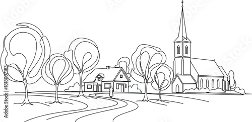 Village, church, house, road, trees, rural, peaceful, architecture, steeple, cross, landscape, community, black, white, drawing, stylized, traditional, quiet, scenic, illustration