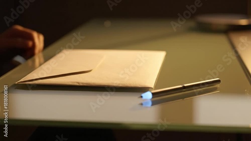 A modern twist on classic letter writing, featuring a sleek pen with a luminous blue tip resting beside an envelope on a reflective surface