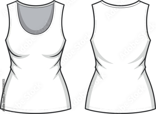 Women’s tank top front back view, sleeveless scoop neckline fitted silhouette, fashion flat sketch vector apparel design illustration