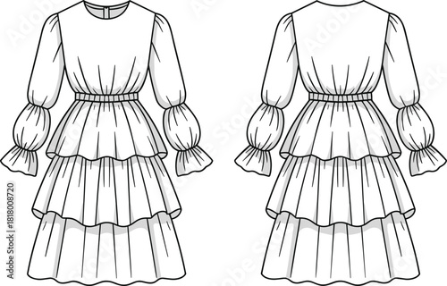 Tiered puff sleeve dress front back view, round neckline fitted waist ruffle skirt, cad drawing flat vector illustration