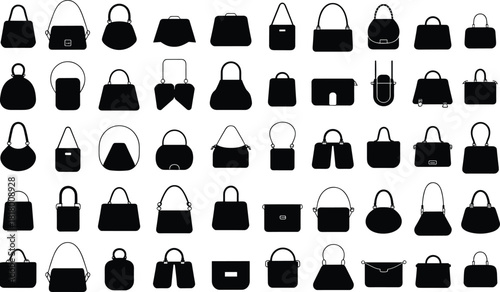 Handbag silhouette icon set, fashion bag style collection, tote clutch satchel vector illustration, black accessory design grid
