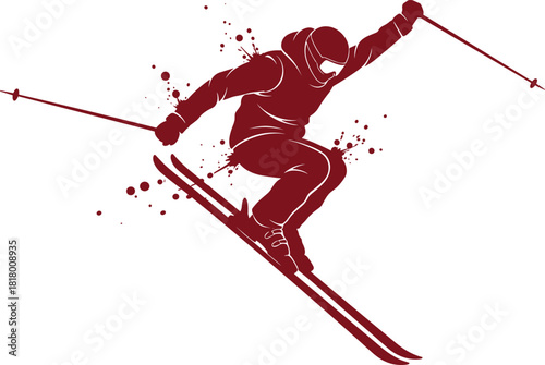 Skier, jump, action, winter, sport, snow, splatter, maroon, dynamic, motion, athlete, silhouette, freestyle, energy, helmet, gear, diagonal, stylized, skiing, illustration