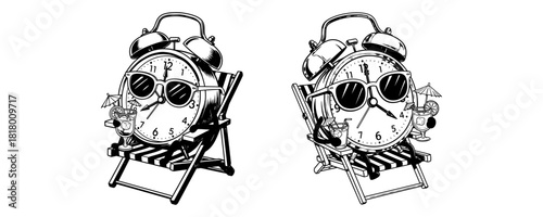 Funny Alarm Clock Relaxing on Beach Chair Vacation Illustration