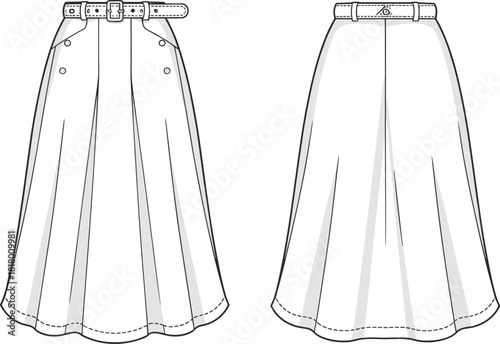 High waist pleated skirt front back view, belt loop button detail flared silhouette, cad drawing flat vector illustration