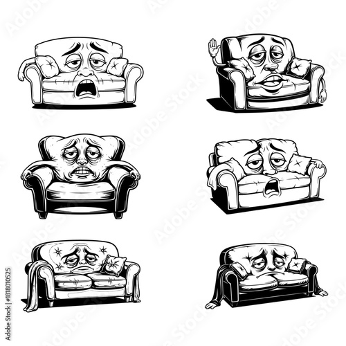 Set of Funny Tired Cartoon Sofa Characters with Faces Illustrations