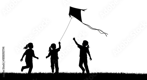 Joyful children running with kite silhouette, perfect for illustrating childhood fun, freedom, and summer activities in a simple and engaging style