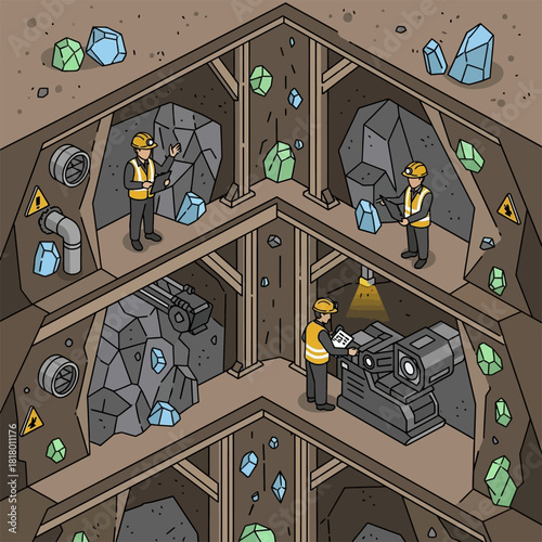 Isometric Illustration of Miners Extracting Gems in a Mine.