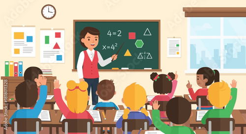 Enthusiastic students raise hands in classroom as teacher explains math equations on chalkboard, fostering learning in a vibrant school setting