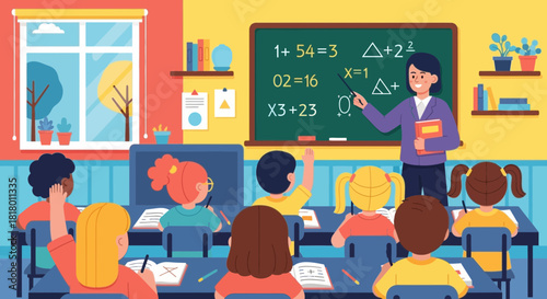 Enthusiastic students learning math with teacher at chalkboard, vector illustration of a modern school scene, kids raising hands, educational concept
