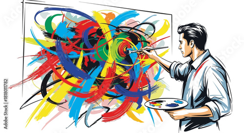 Passionate artist creating abstract art with bold strokes on canvas, vibrant colors, creative expression, modern artwork, artistic talent, and vector design