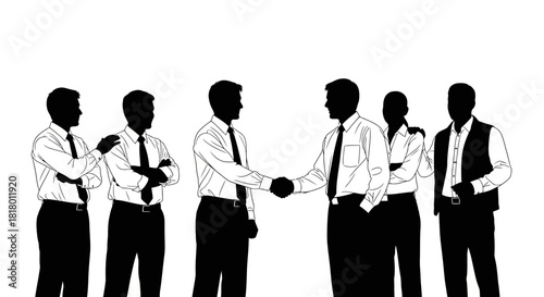 Dynamic team sealing a business deal, celebrating partnership, collaborative success, confident professionals connecting, modern work culture, striking visual