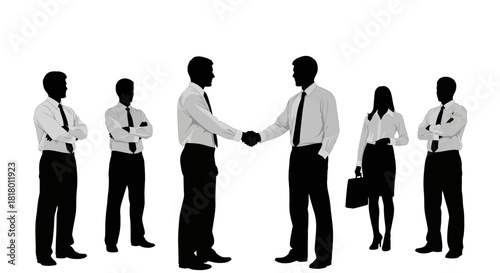 Successful business team celebrating partnership deal, shaking hands, and building confidence in modern corporate world with professional colleagues