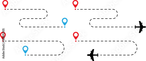 Airplane routes with destination markers and dotted lines