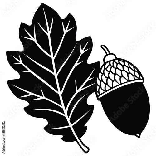 A black silhouette of an acorn and an oak leaf vector