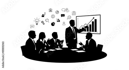 Dynamic team presenting strategic growth chart for stakeholders, driving business success with innovative ideas, modern teamwork, and professional expertise