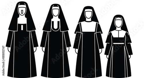 Religious sisters in habits, minimalist vector illustration set