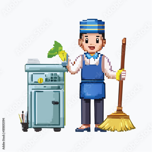 Pixel art illustration of a friendly hotel housekeeper or cleaner with a cleaning cart, duster, and broom.