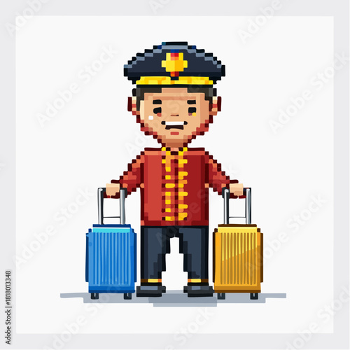 A pixel art bellhop character wearing a uniform and holding two suitcases, one blue and one yellow, ready to assist travelers.