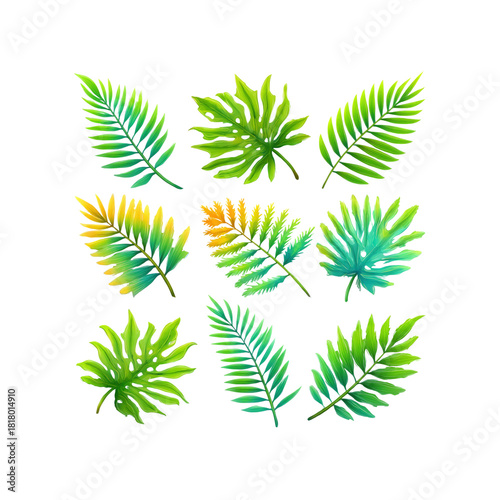 Palm leaves collection in green and yellow tones