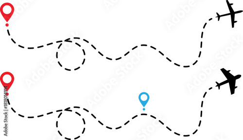 Airplane travel routes with location pins and dash lines