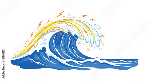 A powerful ocean wave crashing with a golden crest and birds flying above, Generative AI