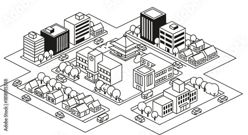 Isometric city vector illustration, urban scene with buildings
