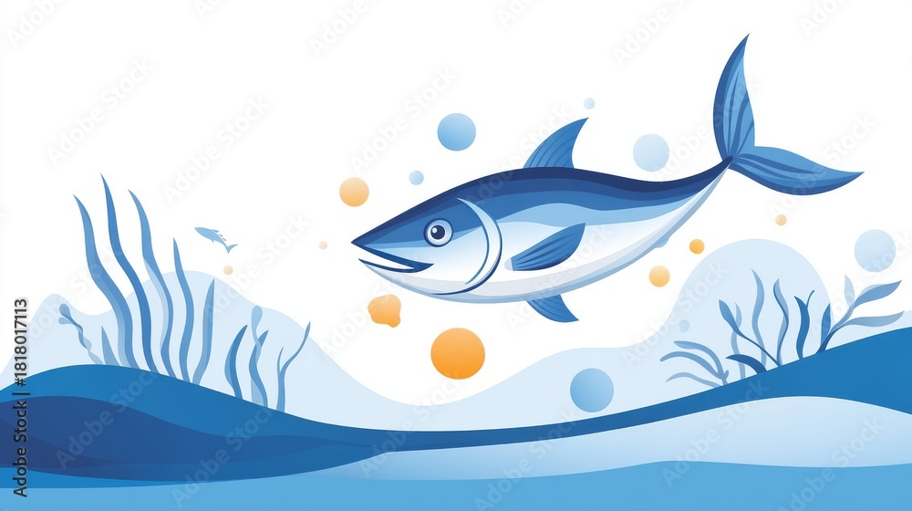 Obraz premium 19.A modern design promoting sustainable tuna fishing, with an infographic-like illustration of a tuna fish and key messages about conservation, placed against a background of healthy oceans, ideal