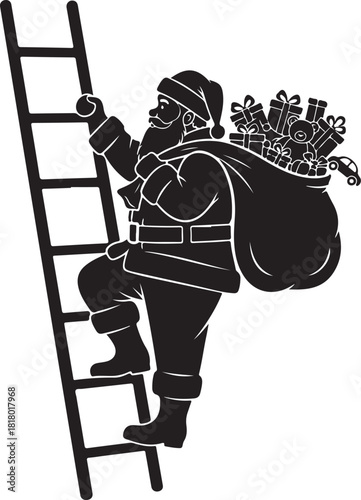 Black silhouette of Santa Claus climbing a ladder with a sack of gifts black and white