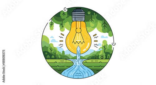 Bright Idea Light Bulb Illuminating Nature and Water, Generative AI