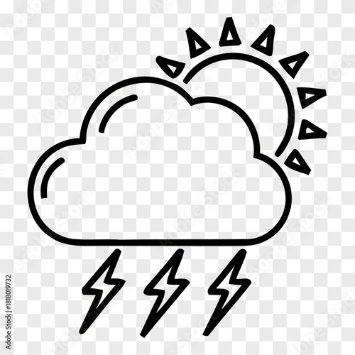 A stylized black outline illustration shows a sun with triangular rays behind a fluffy cloud from which three lightning bolts descend weather storm graphic