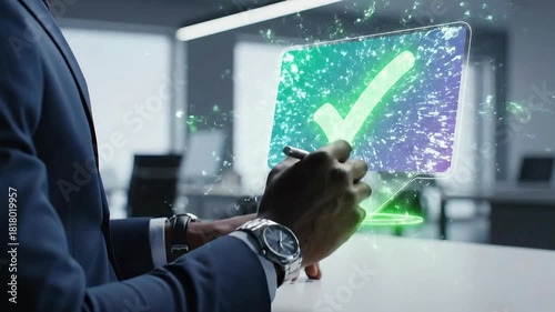 Business professional using futuristic technology for secure online login and verification.