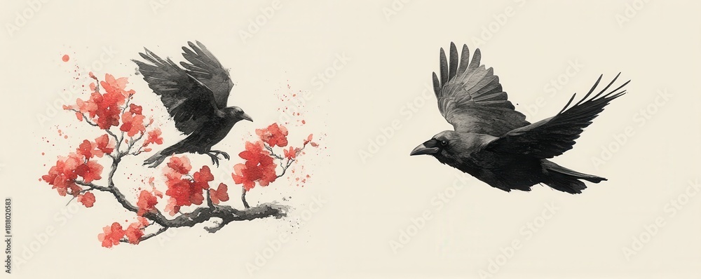 Fototapeta premium Two ravens in flight and perched on blossoms, a contrasting black bird duo