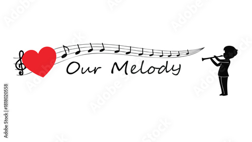 A silhouette of a child playing a clarinet with a red heart and musical notes forming a melody on a white background