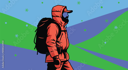 Adventurer hiking through snowy landscape on a frosty winter day