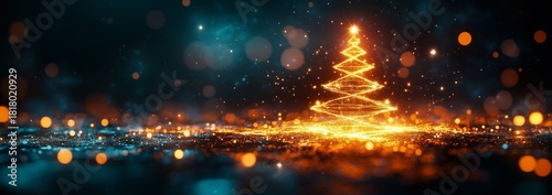 Bright Golden Christmas Tree Sparkles in Dark Night Setting With Glowing Ligh...