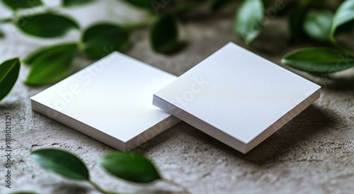 Blank Notepads on a Textured Surface Surrounded by Green Leaves in Natural Light