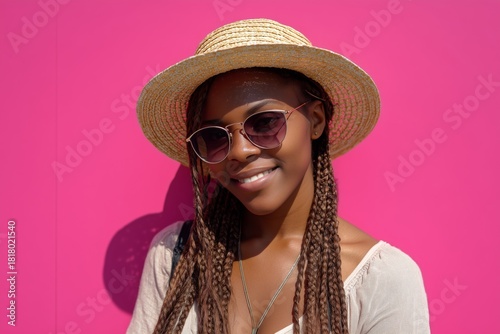 Smiling Woman With Braided Hair Wearing Sunglasses and Straw Hat by a Bright ...