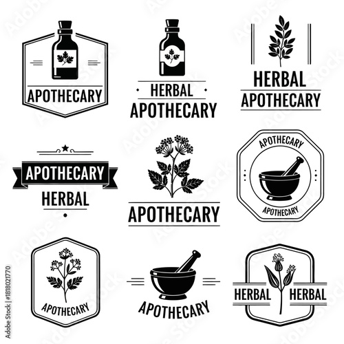 A collection of vintage monochrome herbal apothecary logos.