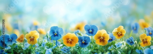 Bright Blue and Yellow Pansies Bloom in a Vibrant Garden Under Clear Sky
