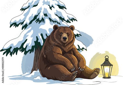 Cartoon brown bear sitting near a snowy tree with a lantern in winter scene
