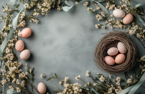 Spring Celebration With Eggs and Flowers Arranged on a Soft Blue Background