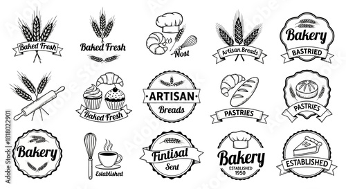 Collection of bakery and pastry shop emblems and logos.