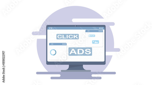 Digital Click Ads Illustration on Computer Screen in Modern Flat Style