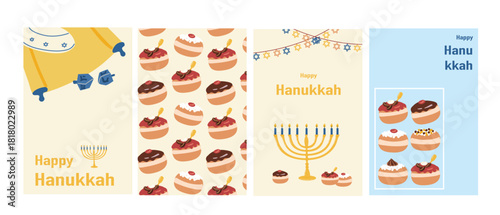 Happy Hanukkah cards vector set. Flat cartoon illustrations with donuts, jewish scroll, menorah and stars of David. Hand drawn posters collection for hanukkah festival.