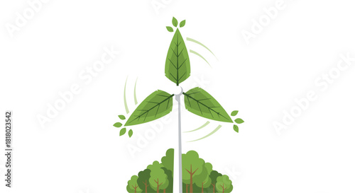 Green Energy Wind Turbine with Leaf Blades and Trees, Generative AI