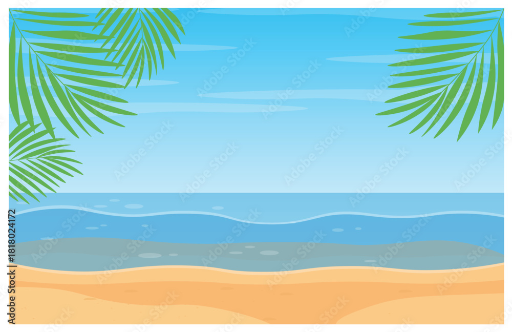 Fototapeta premium Tropical Beach Landscape with Blue Ocean, Palm Leaves, and Clear Sky Background