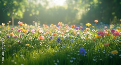 Colorful Wildflower Field in Bright Daylight With Soft Clouds and Lush Greenery
