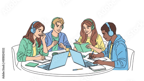 Continuous Line Art Team Collaboration at Round Table – Creative Discussion and Idea Sharing Illustration