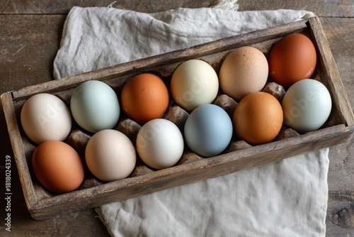 Colorful Display of Farm Fresh Eggs Arranged in a Wooden Tray on a Rustic Cloth