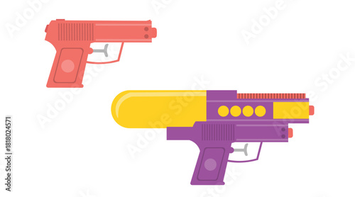 Colorful Toy Gun and Water Gun Illustration Set in Flat Cartoon Style